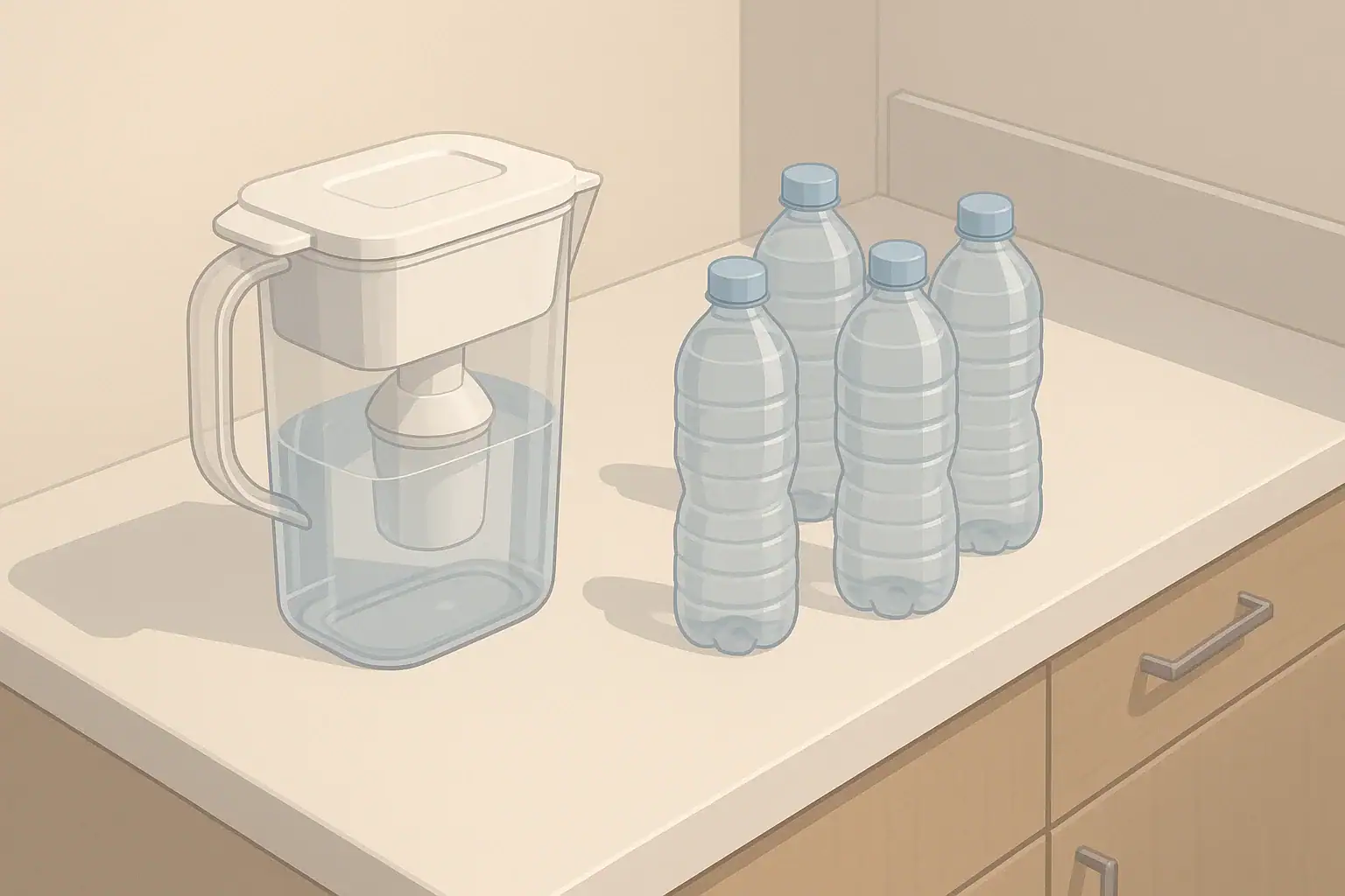 Isometric kitchen counter with water pitcher filter and bottles