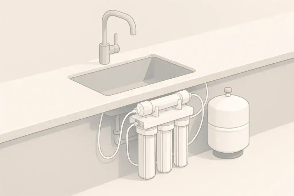 Isometric under-sink reverse osmosis system with storage tank