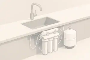 Isometric under-sink reverse osmosis system with storage tank