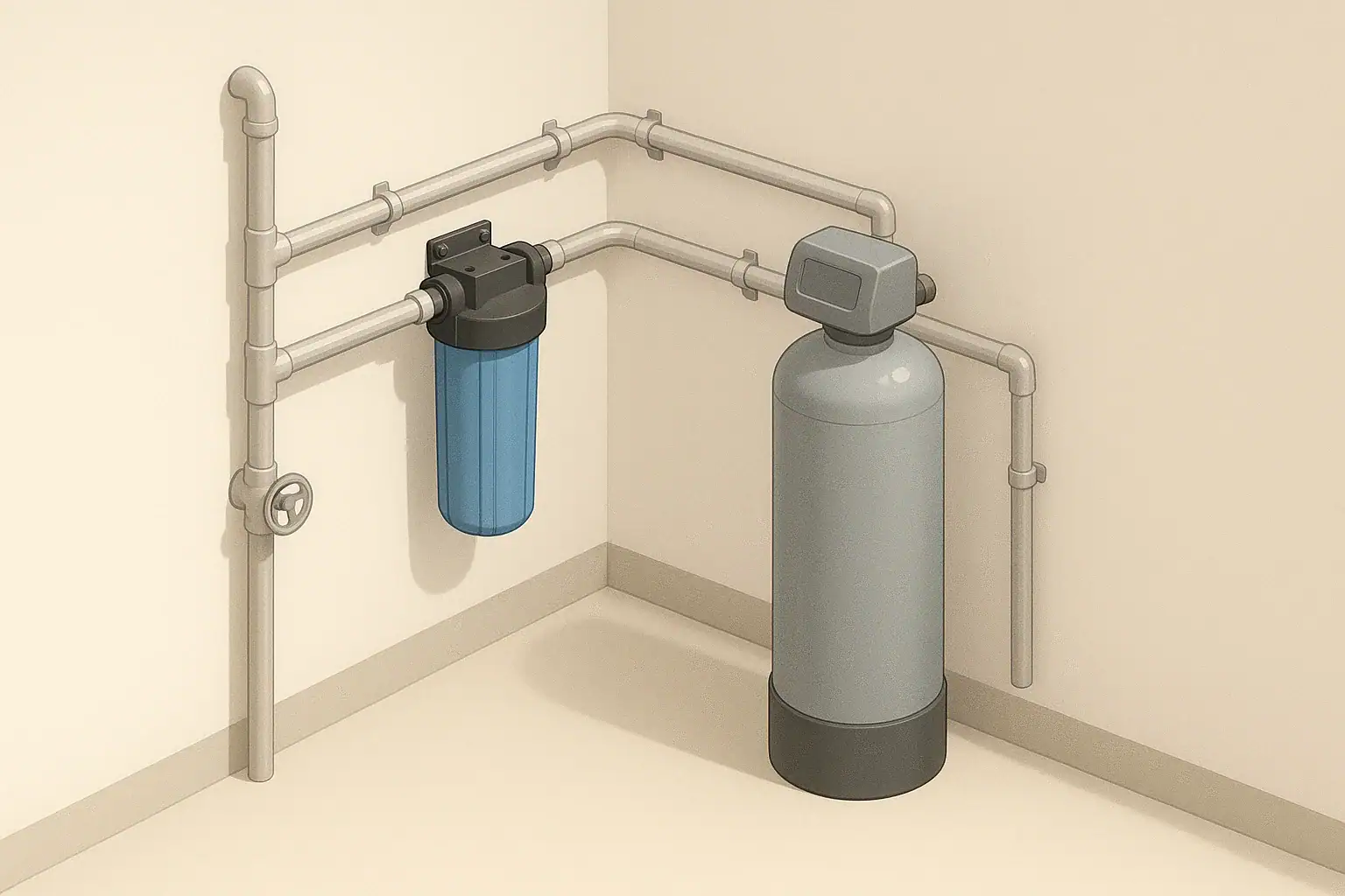 Whole house water filter and softener on main water line