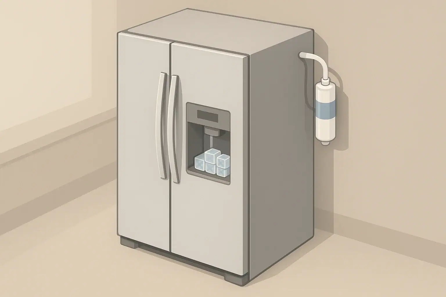 Refrigerator with inline water filter and clear ice cubes