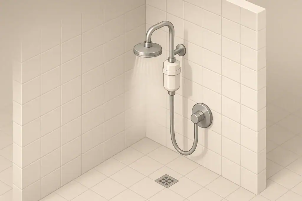 Isometric illustration of showerhead with inline shower filter