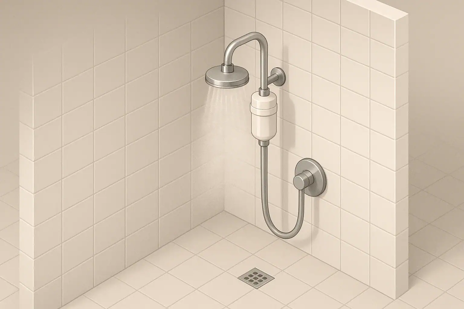 Isometric illustration of showerhead with inline shower filter