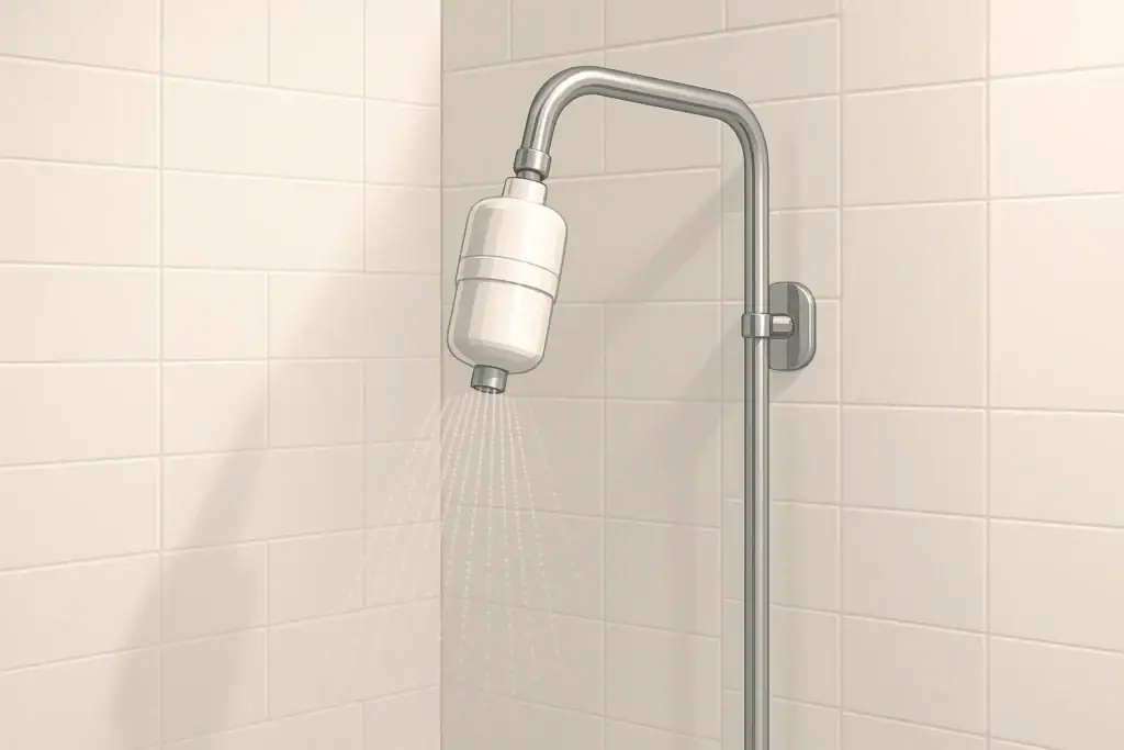 Isometric illustration of a showerhead with an inline filter