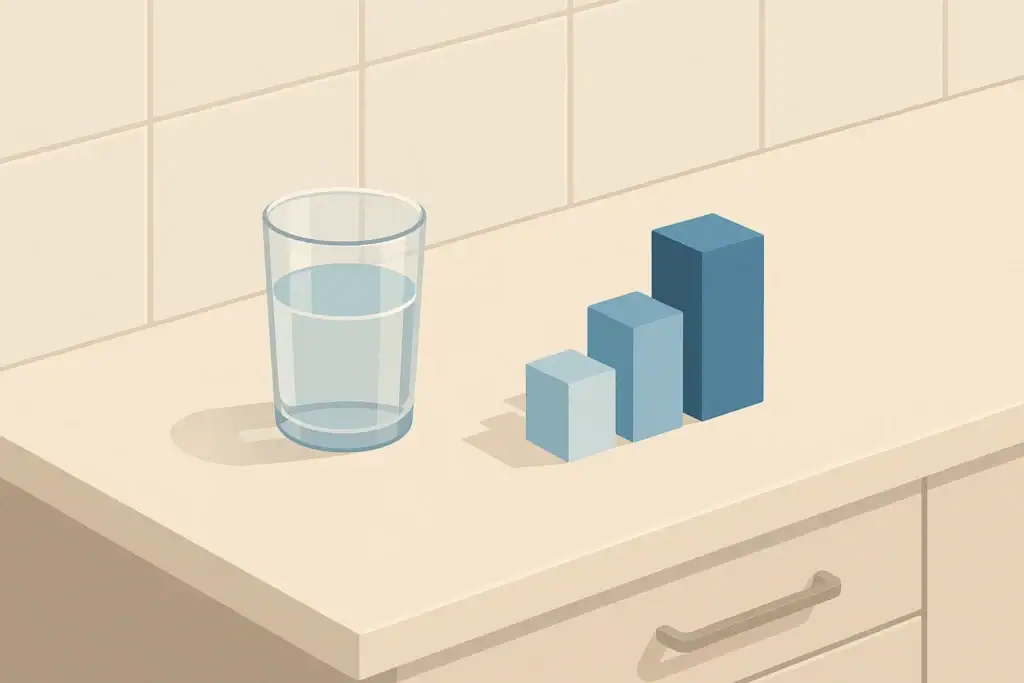 Isometric kitchen scene showing glass of water and measurement blocks