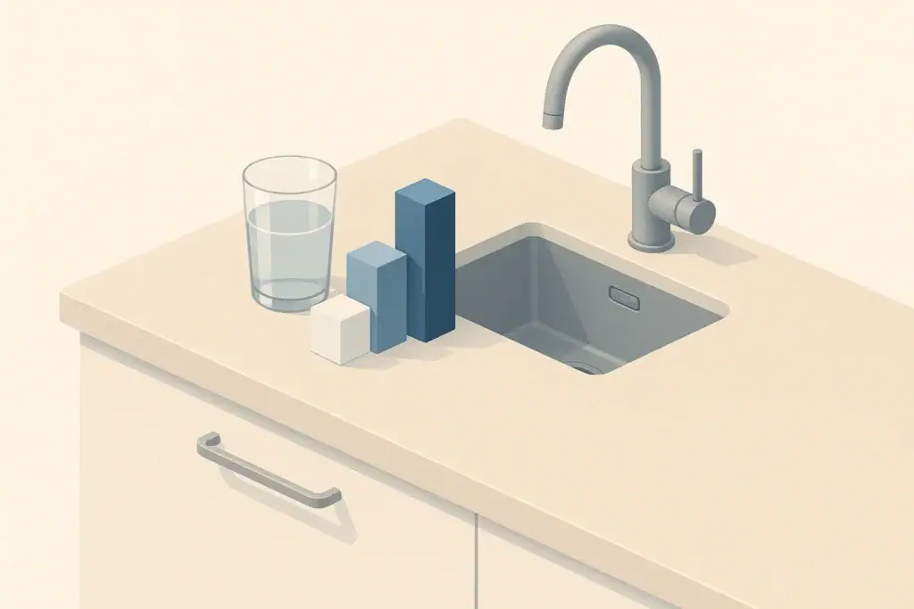 Isometric glass of tap water with abstract quality indicators
