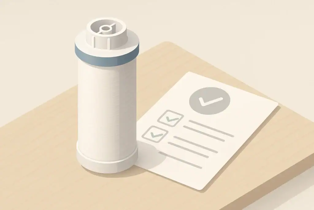Isometric illustration of a generic water filter and checklist shapes