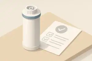 Isometric illustration of a generic water filter and checklist shapes