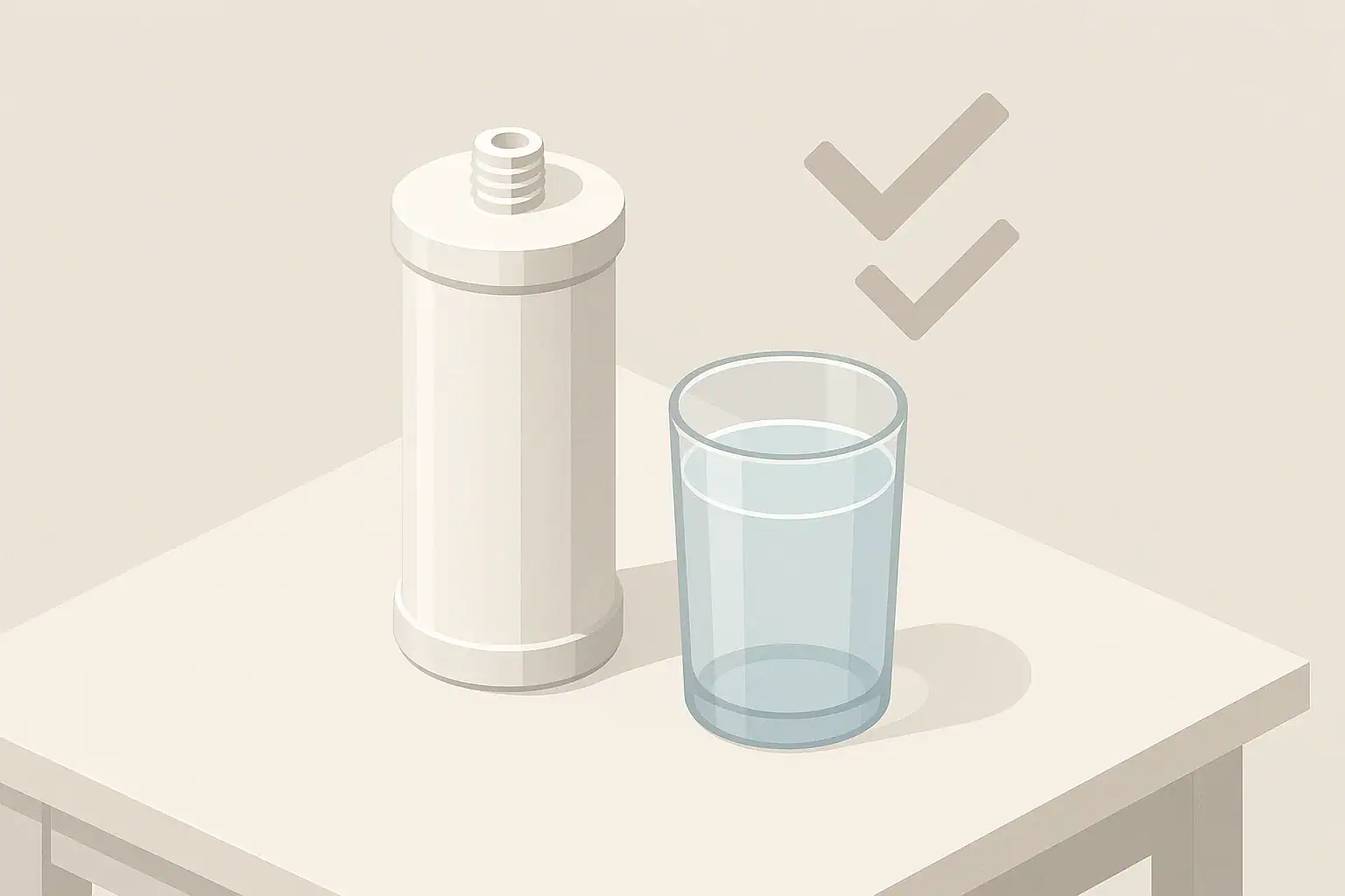 Isometric illustration of a water filter cartridge and glass of water