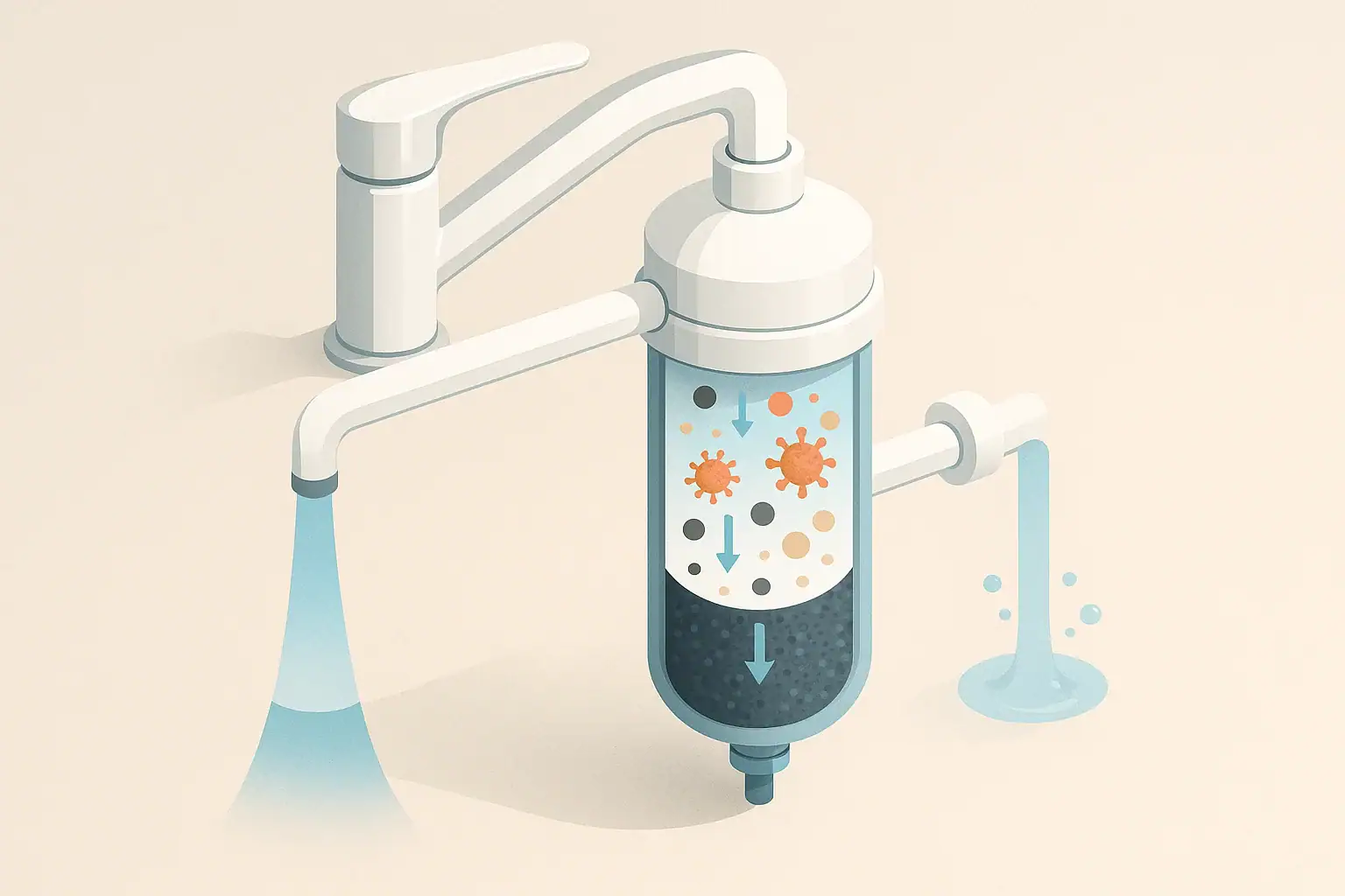 Isometric illustration of a water filter removing abstract particles from tap water