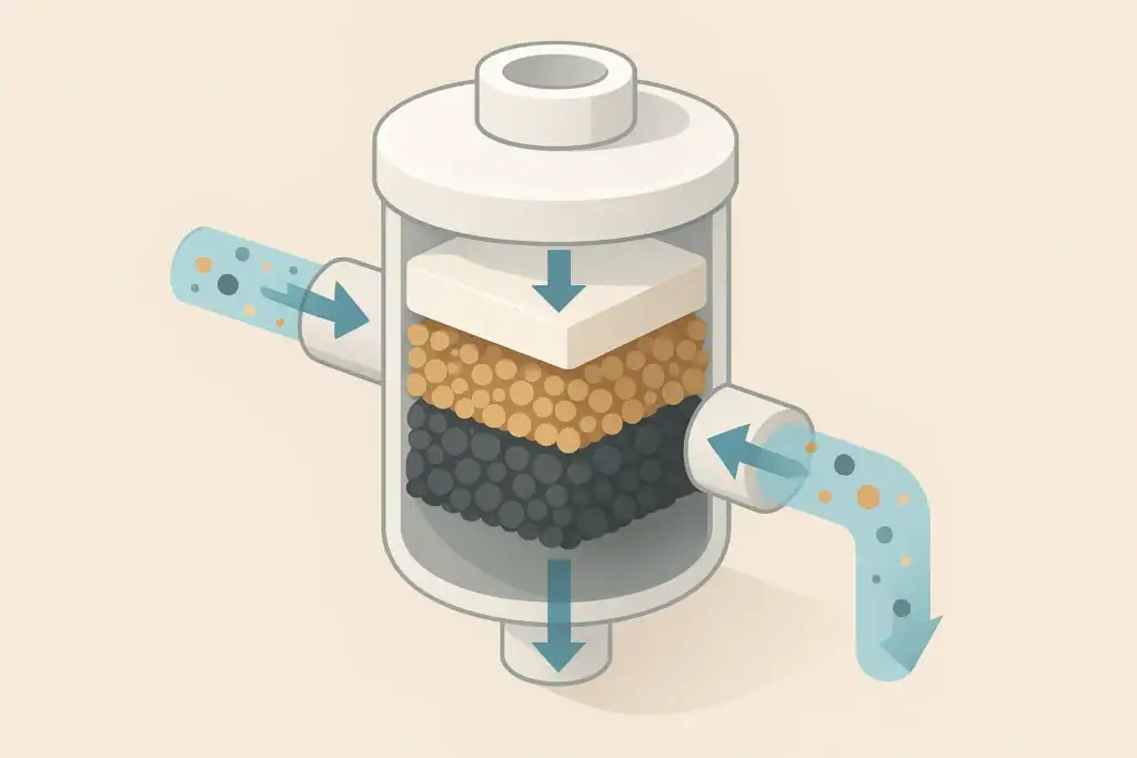 Isometric illustration of layered water filter media removing particles