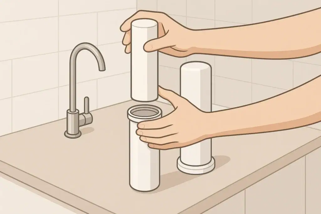 Person changing a generic water filter cartridge in kitchen