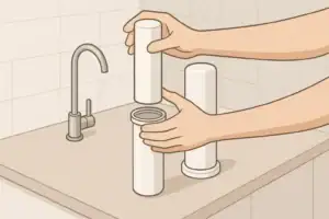 Person changing a generic water filter cartridge in kitchen