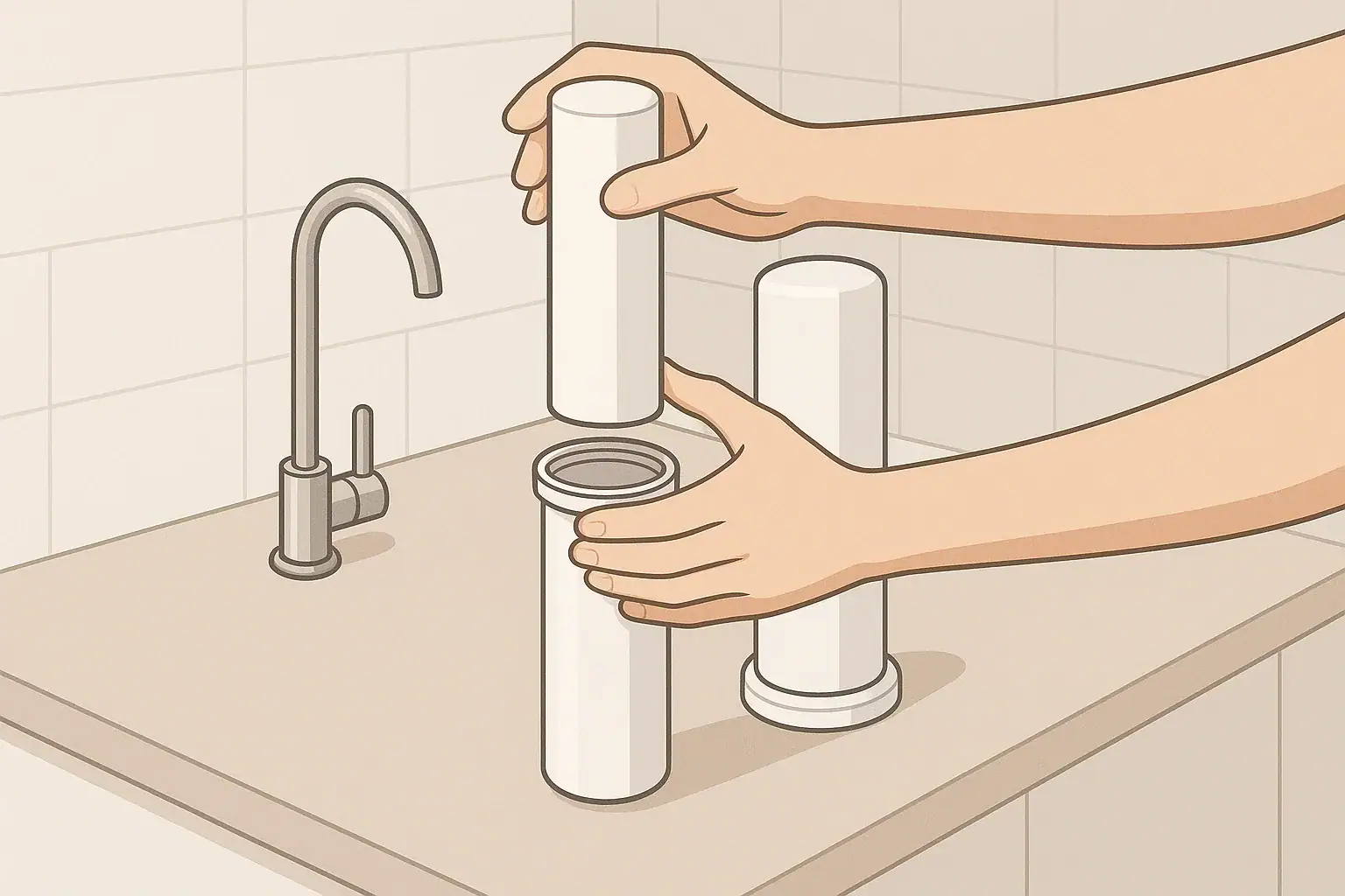 Person changing a generic water filter cartridge in kitchen