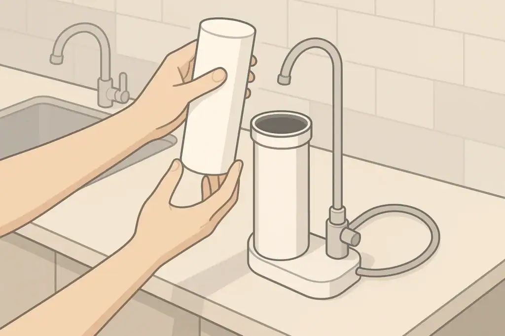 Hands changing a water filter cartridge on a countertop