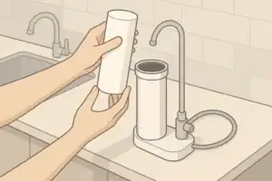 Hands changing a water filter cartridge on a countertop