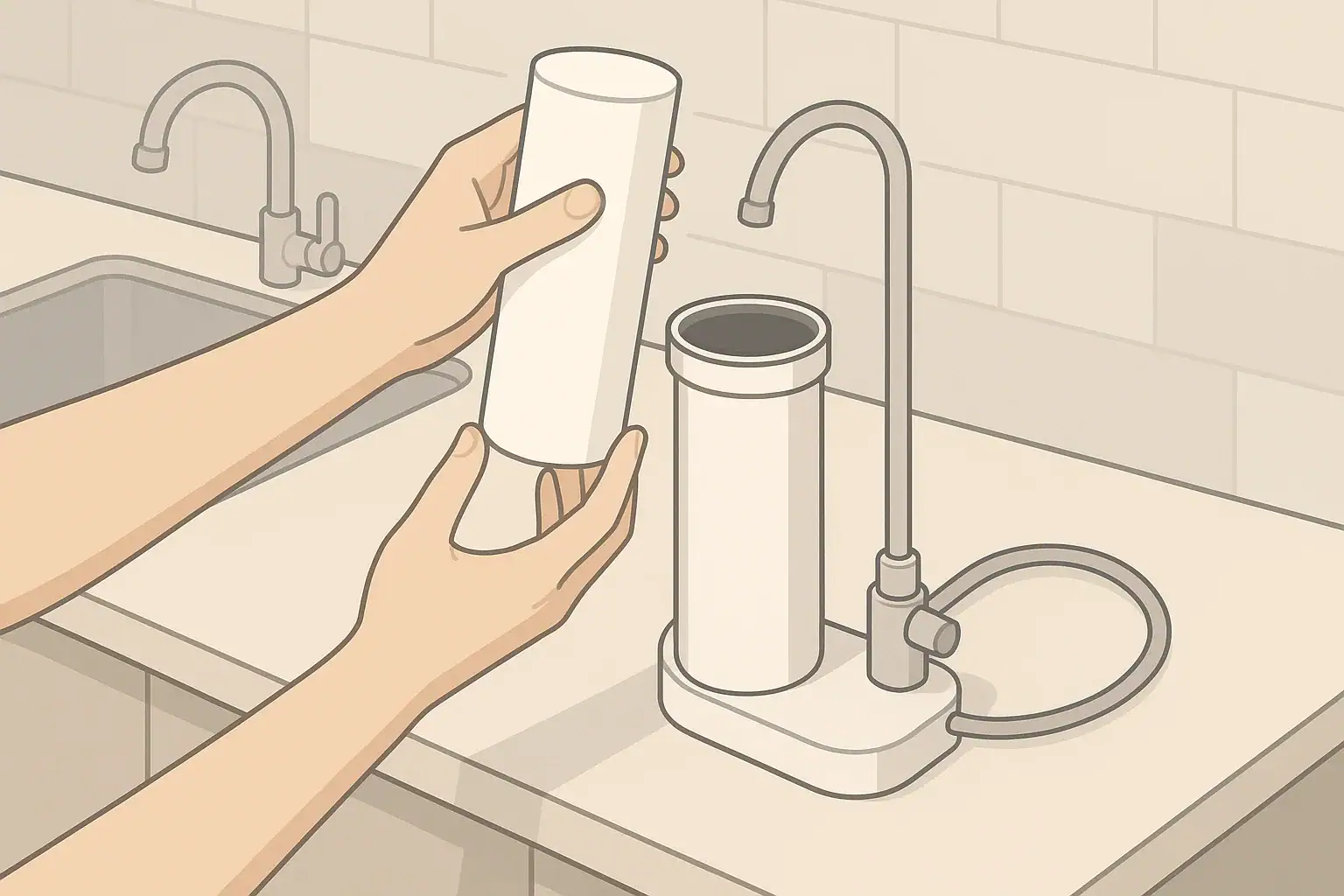 Hands changing a water filter cartridge on a countertop