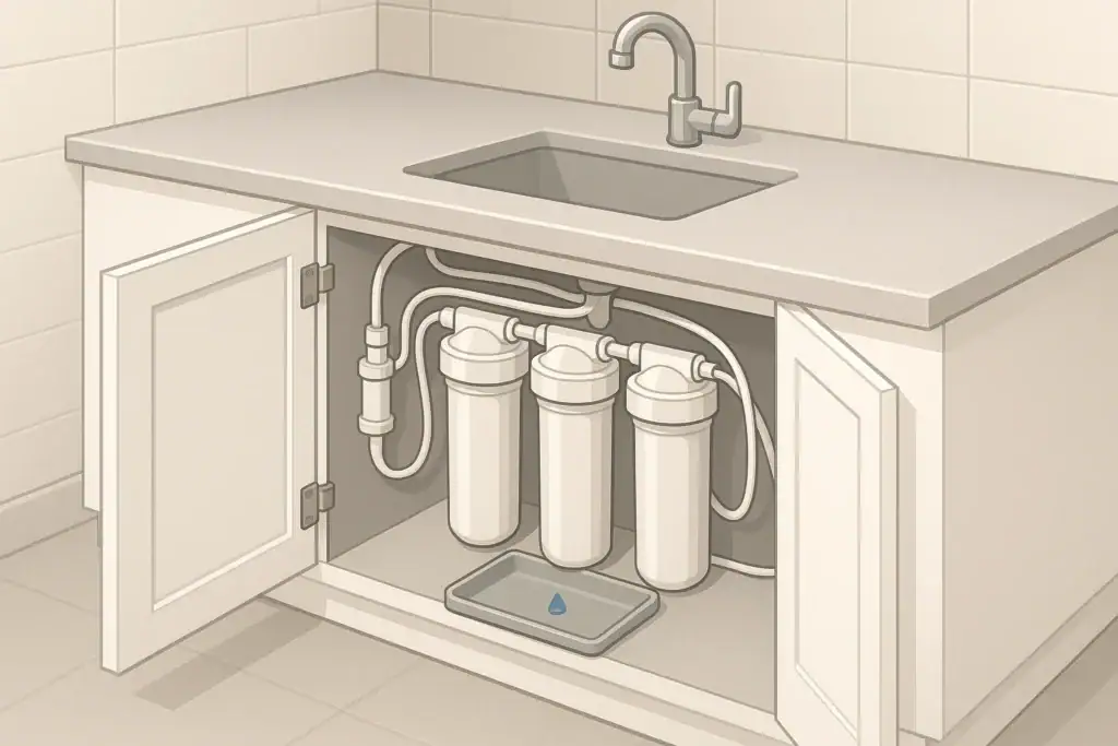 Isometric illustration of under sink water filter being inspected