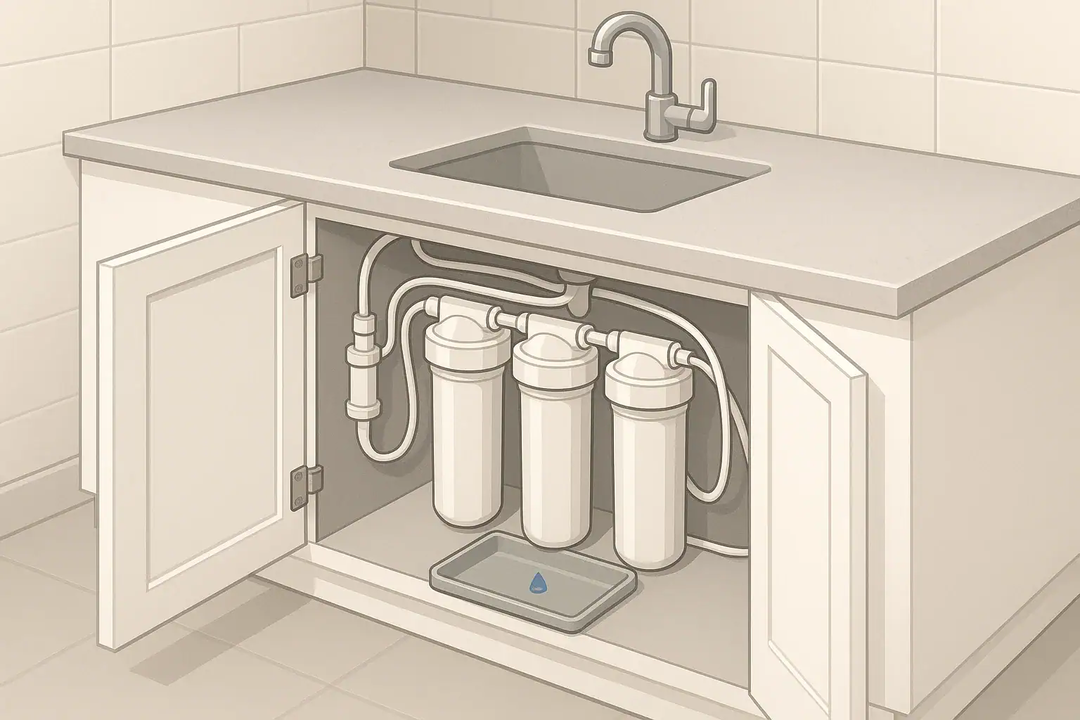 Isometric illustration of under sink water filter being inspected