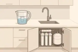 Isometric illustration comparing pitcher and under-sink water filters