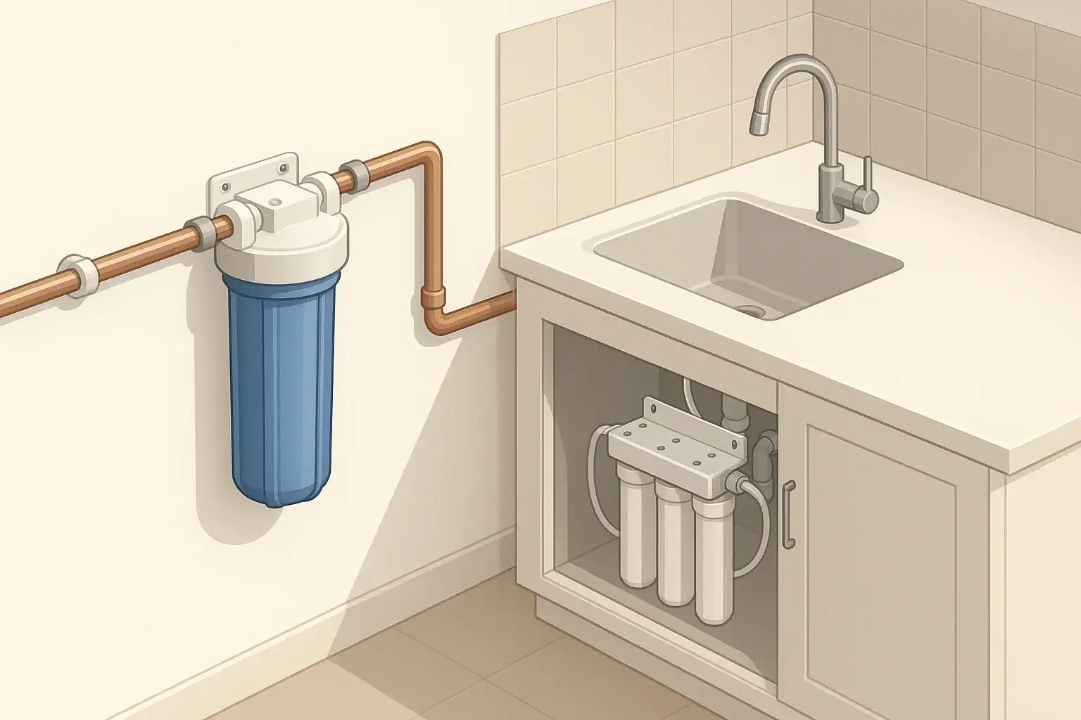 Isometric comparison of whole house and under sink water filters