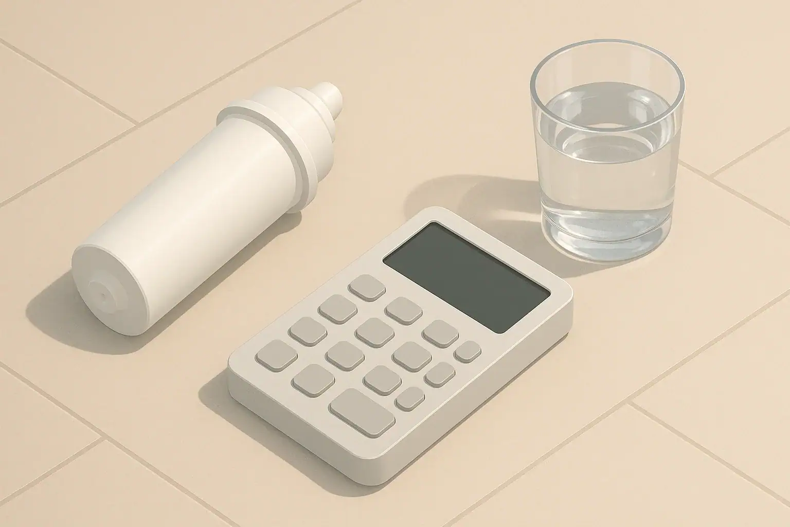 Isometric view of water filter and calculator on counter