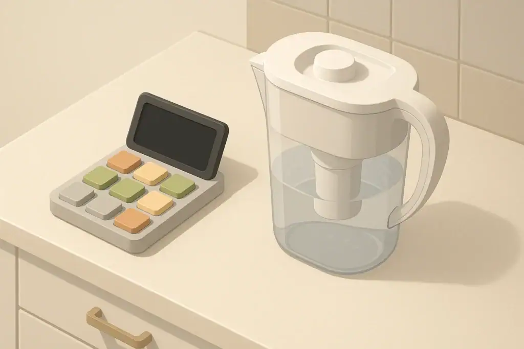 Isometric illustration of a kitchen water filter with planner blocks