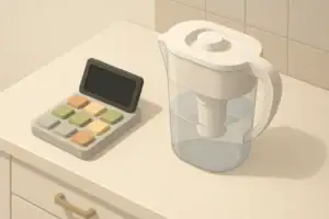 Isometric illustration of a kitchen water filter with planner blocks