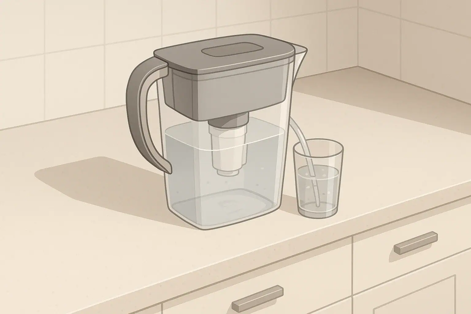 Modern kitchen counter with a generic water filter pitcher