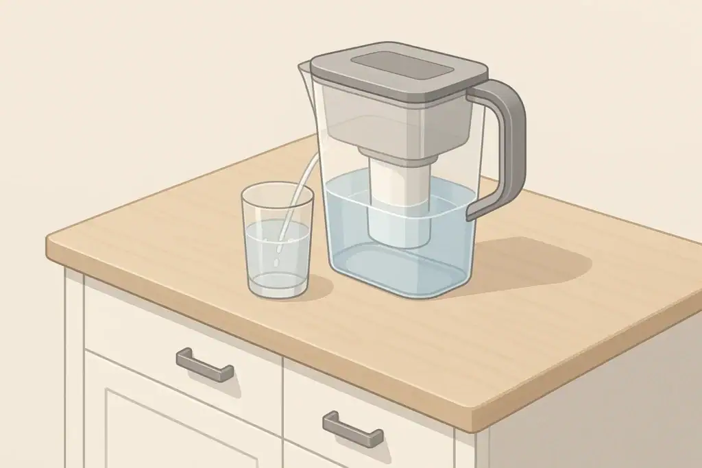 Isometric illustration of a water pitcher filter on a kitchen counter