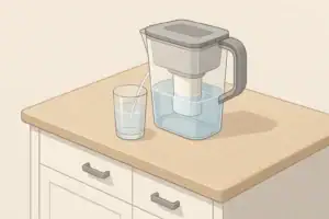 Isometric illustration of a water pitcher filter on a kitchen counter