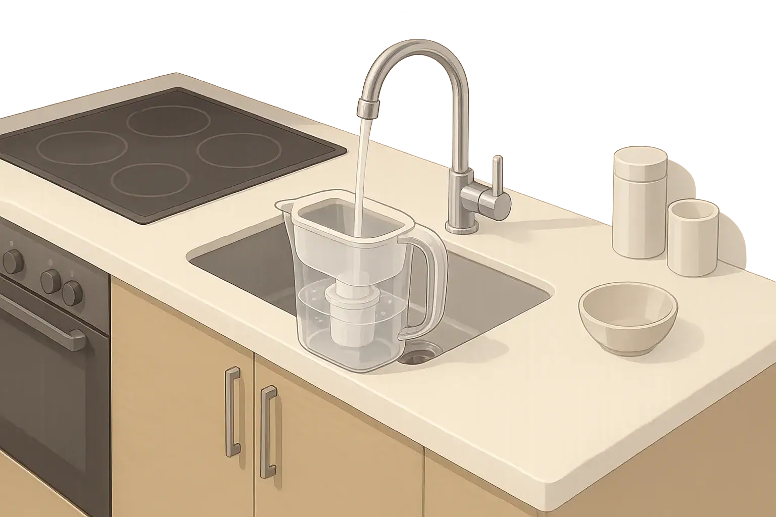 Modern kitchen counter with a generic pitcher water filter