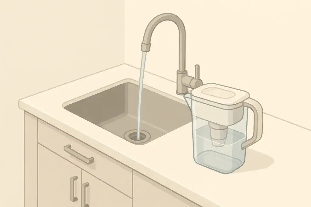Modern kitchen counter with a clear water pitcher filter