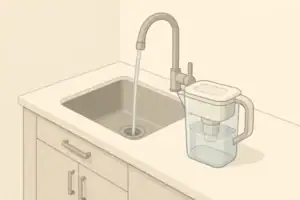 Modern kitchen counter with a clear water pitcher filter