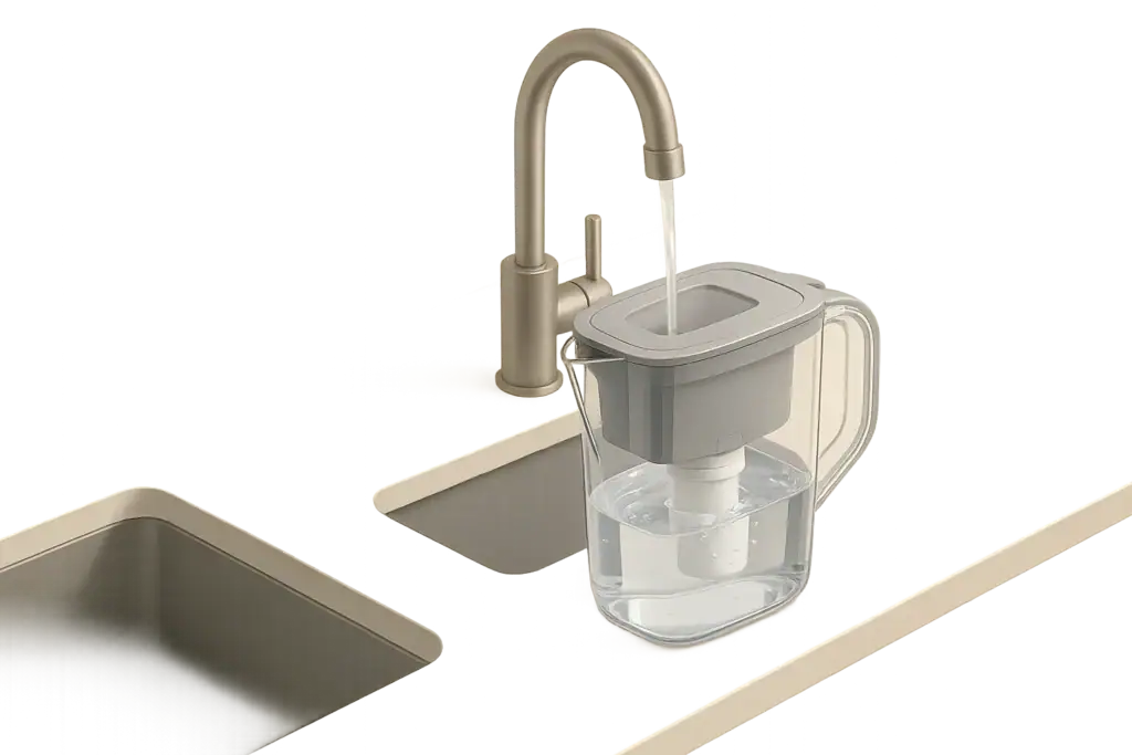 Modern kitchen counter with a generic water pitcher filter
