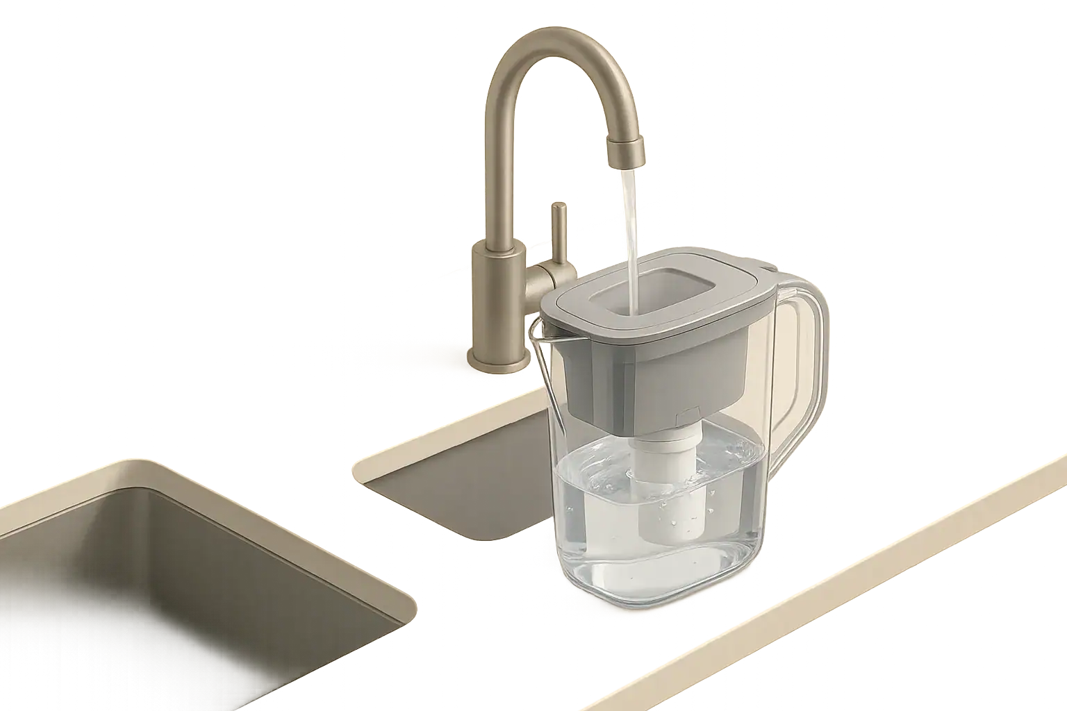 Modern kitchen counter with a generic water pitcher filter