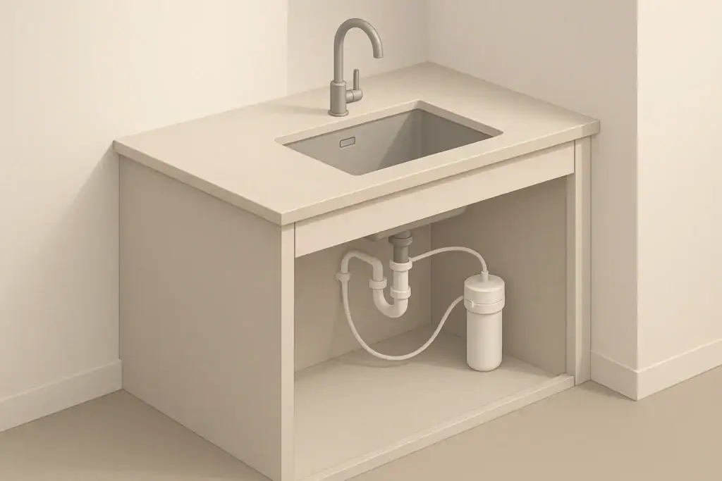 Isometric illustration of an under-sink water filter system