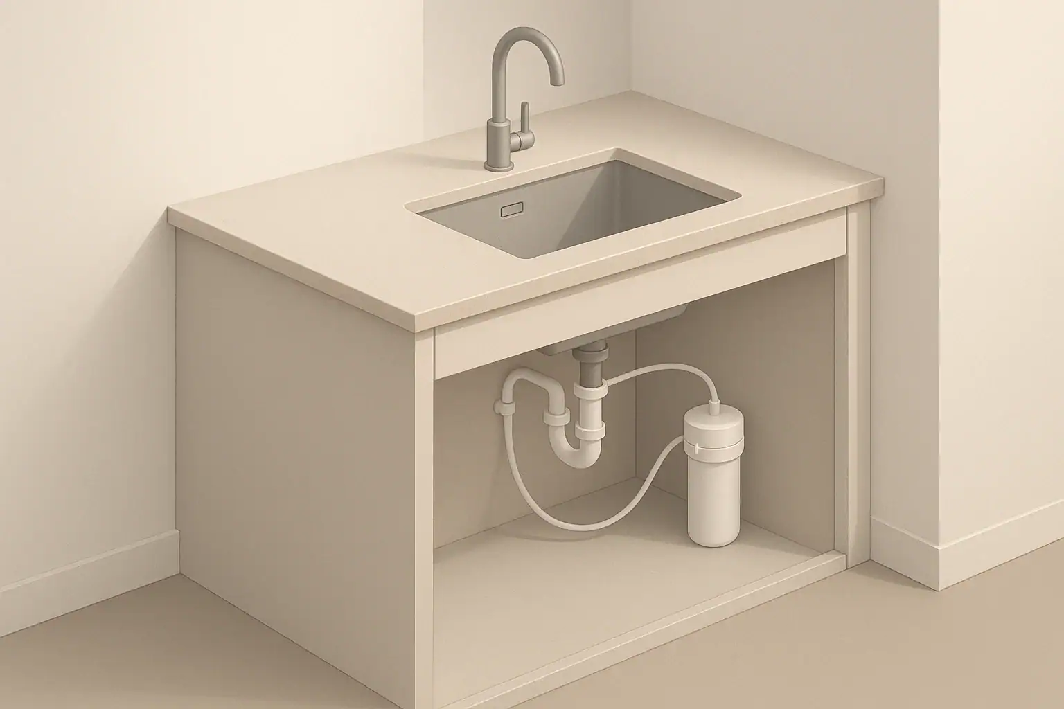 Isometric illustration of an under-sink water filter system