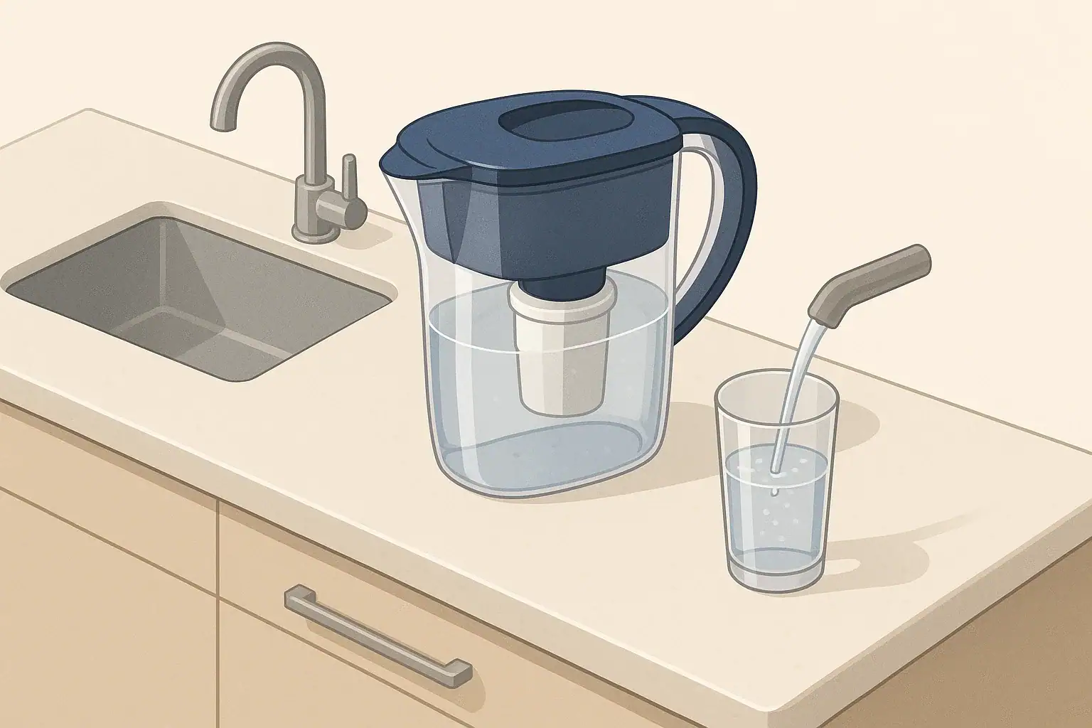 High capacity water filter pitcher on modern kitchen counter