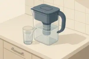 Modern kitchen counter with a clear water pitcher filter