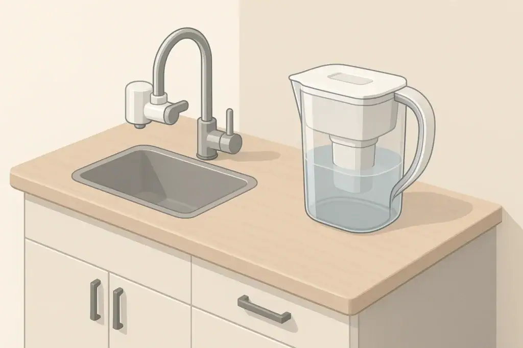 Small modern kitchen with pitcher and faucet water filters