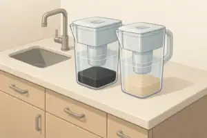 Two water filter pitchers on a modern kitchen counter