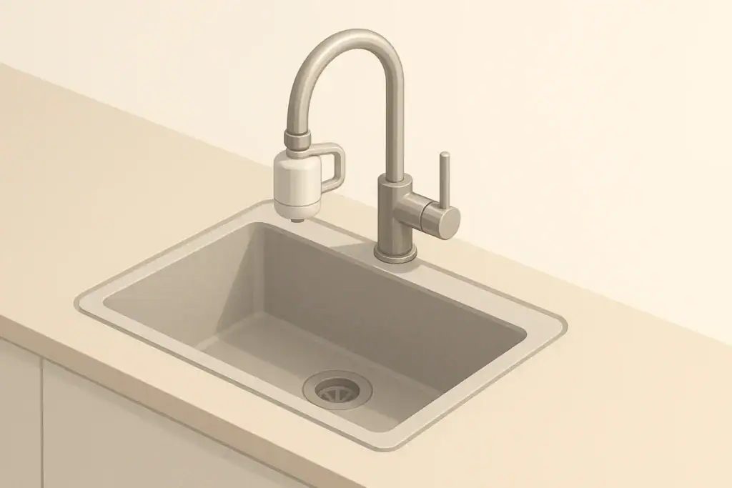 Isometric kitchen sink with a simple faucet-mount water filter