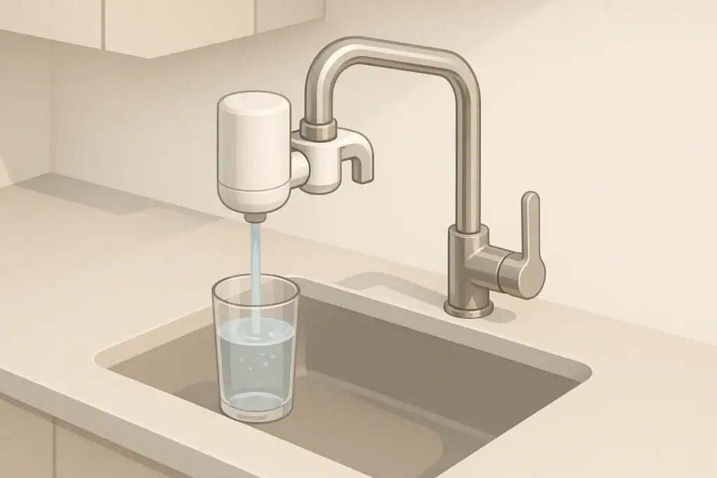 isometric illustration of a kitchen faucet with a faucet-mount water filter