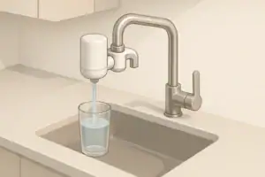 isometric illustration of a kitchen faucet with a faucet-mount water filter