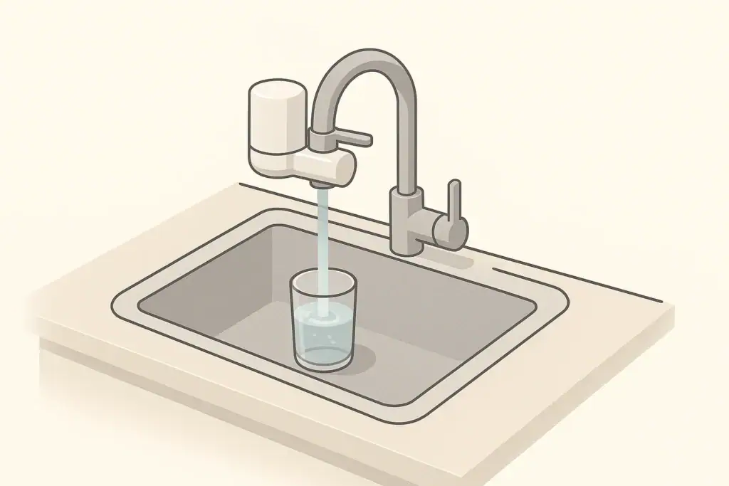 Isometric illustration of a faucet-mount water filter in a kitchen