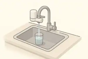 Isometric illustration of a faucet-mount water filter in a kitchen