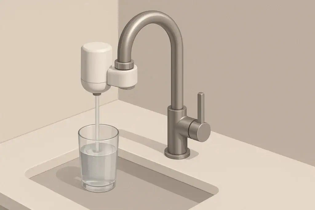 Kitchen faucet with small faucet-mount filter and gentle water stream