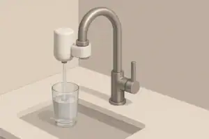 Kitchen faucet with small faucet-mount filter and gentle water stream