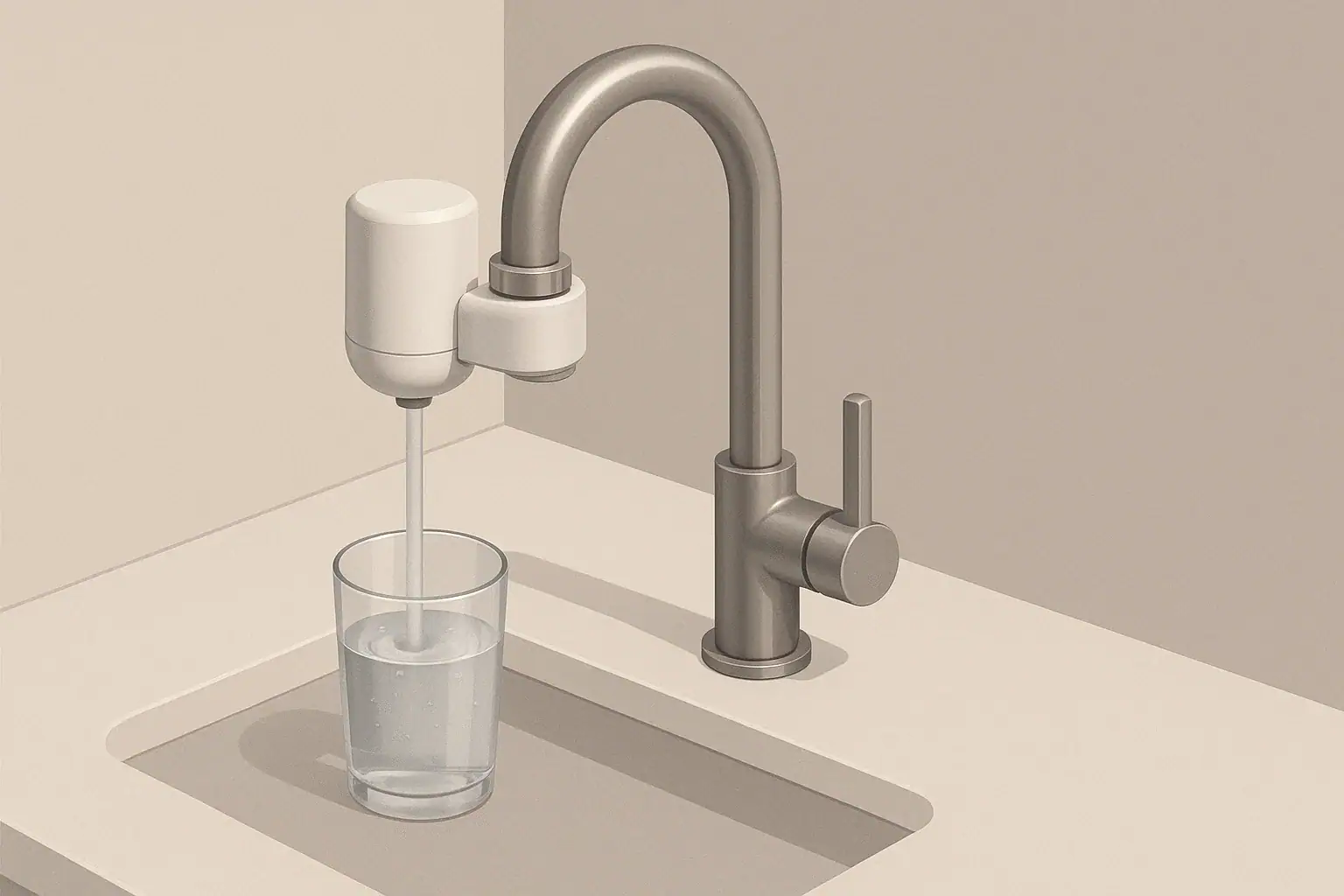 Kitchen faucet with small faucet-mount filter and gentle water stream